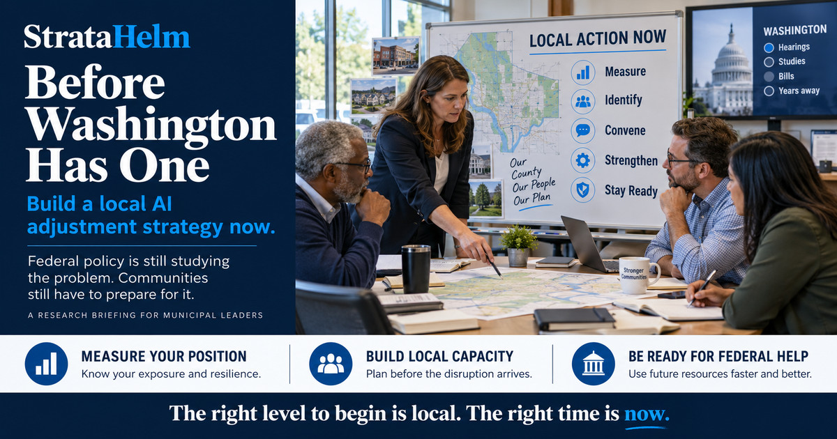 Local officials around a conference table with a county map, beside a whiteboard headed "Local Action Now" listing measure, identify, convene, strengthen and stay ready, while a screen shows the U.S. Capitol with hearings, studies and bills marked years away.
