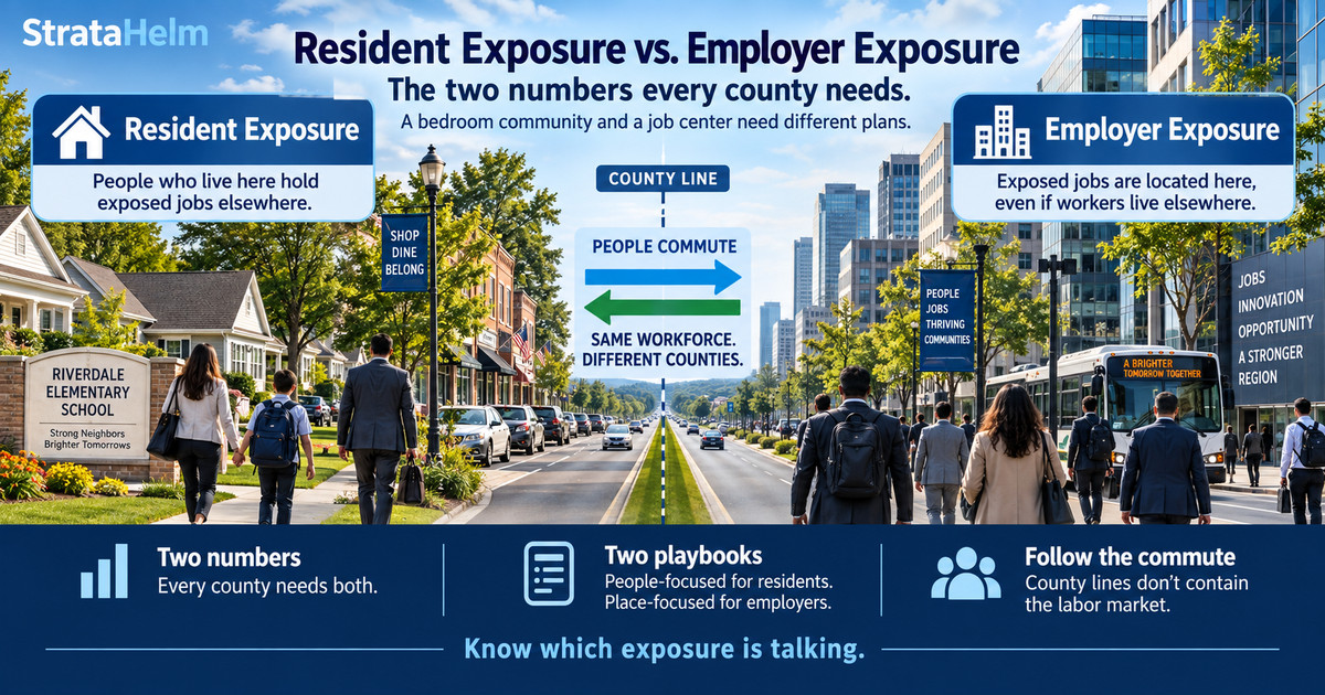 A residential street and a downtown office district meeting at a county line, labeled Resident Exposure on one side and Employer Exposure on the other, with arrows showing workers commuting both ways.
